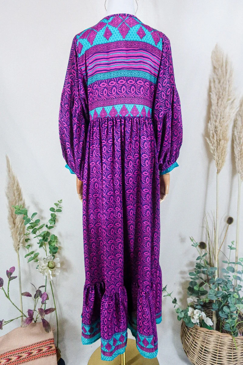 Poppy Smock Dress - Vintage Sari - Magenta & Aubergine Purple Botanical - XS - Image 3