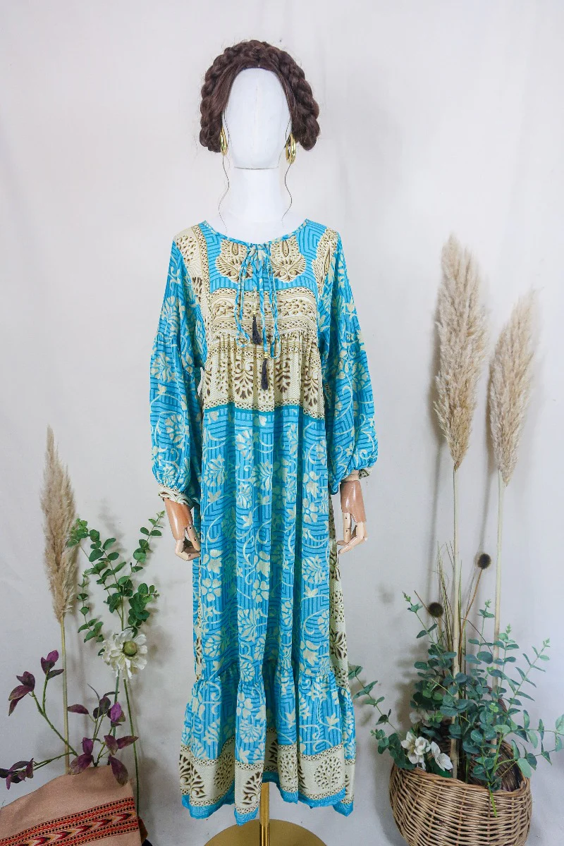 Poppy Smock Dress - Vintage Sari - Powder Blue & Sandy Beige Floral -XS