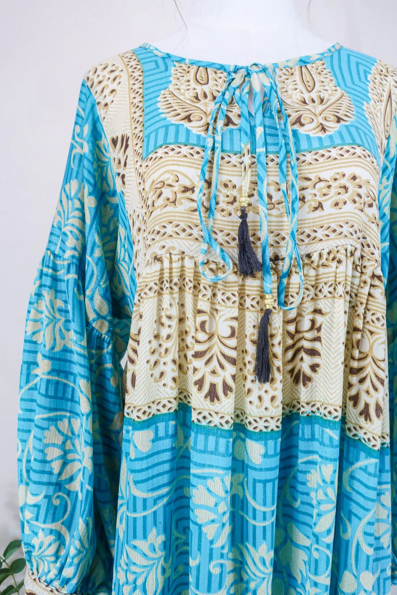 Poppy Smock Dress - Vintage Sari - Powder Blue & Sandy Beige Floral -XS - Image 2