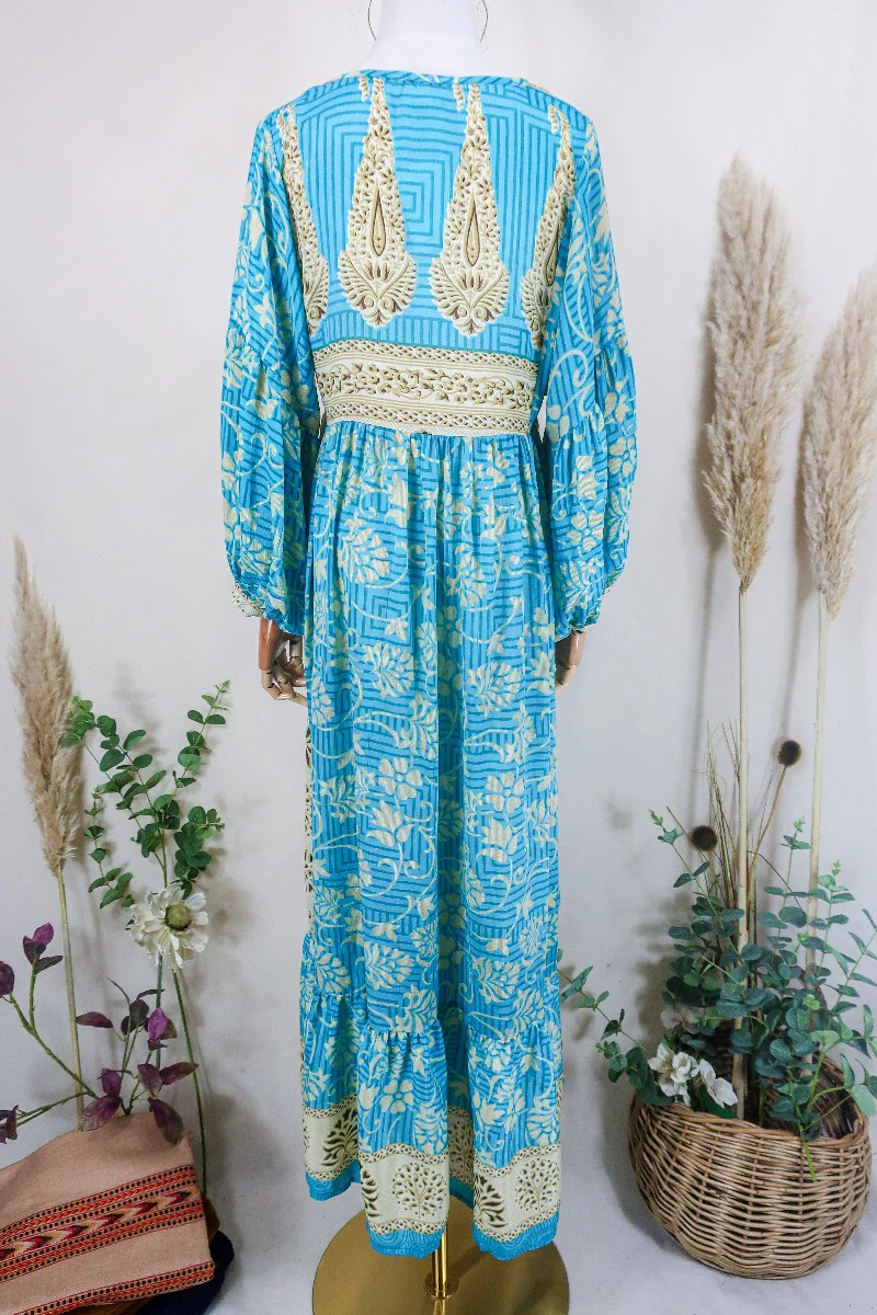 Poppy Smock Dress - Vintage Sari - Powder Blue & Sandy Beige Floral -XS - Image 3