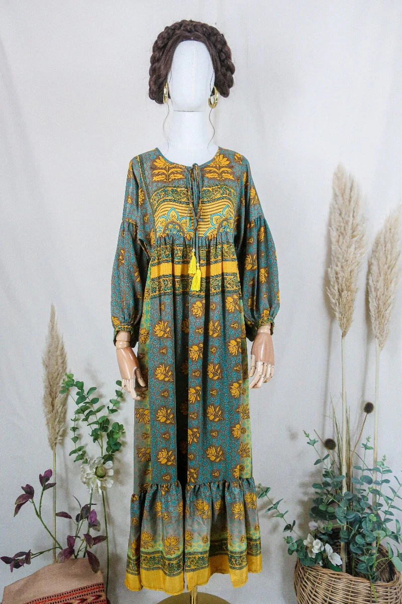 Poppy Smock Dress - Vintage Sari - Turmeric Yellow & Hazelnut Brown Floral - XS