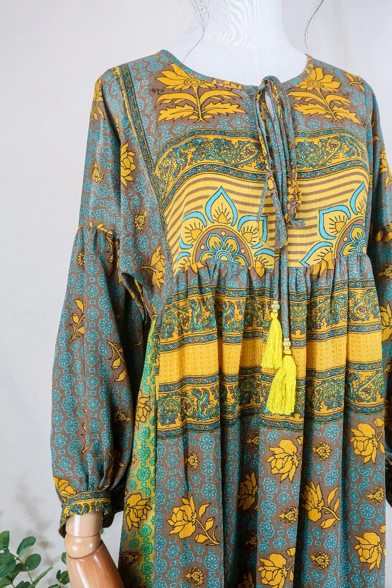 Poppy Smock Dress - Vintage Sari - Turmeric Yellow & Hazelnut Brown Floral - XS - Image 2