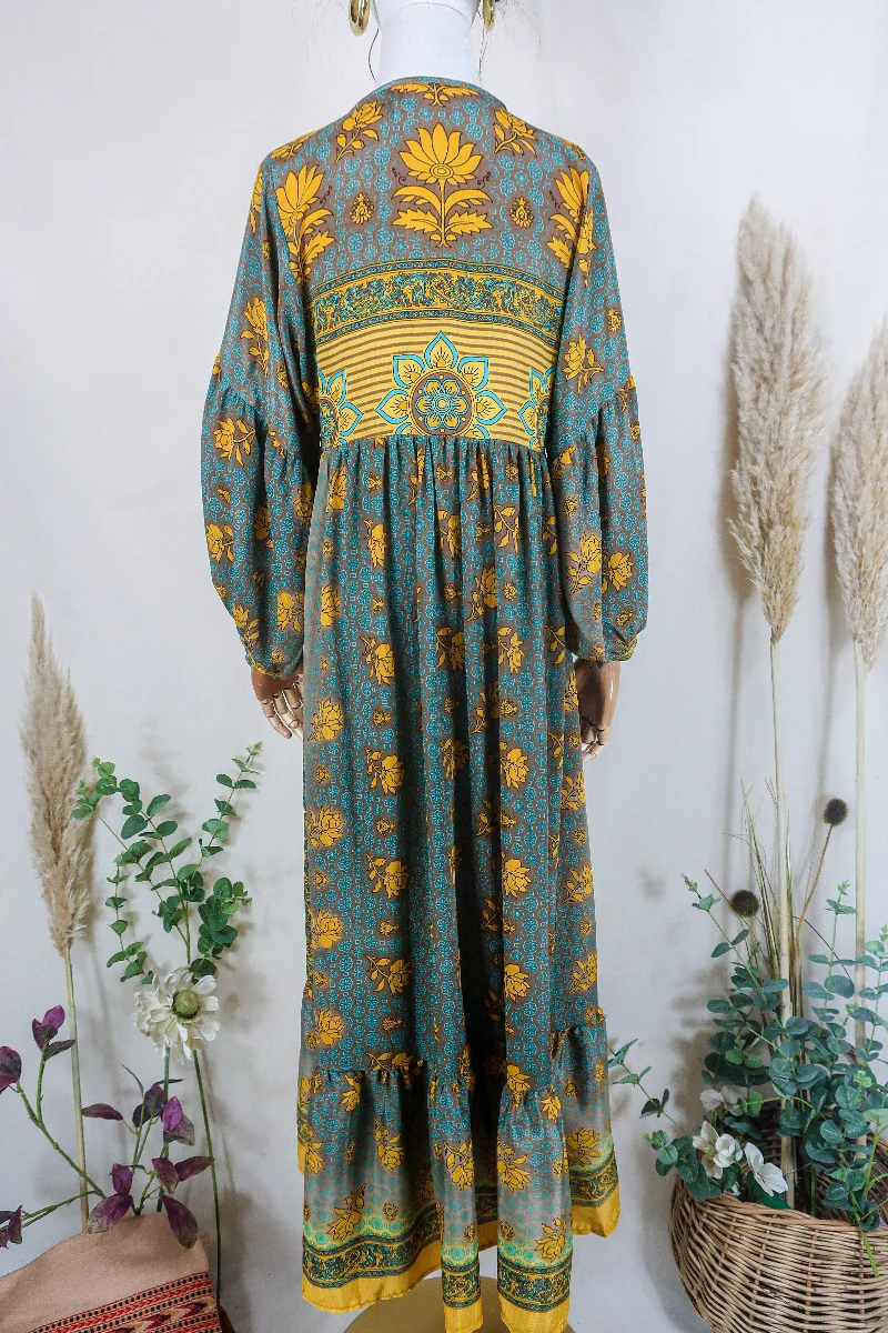 Poppy Smock Dress - Vintage Sari - Turmeric Yellow & Hazelnut Brown Floral - XS - Image 3