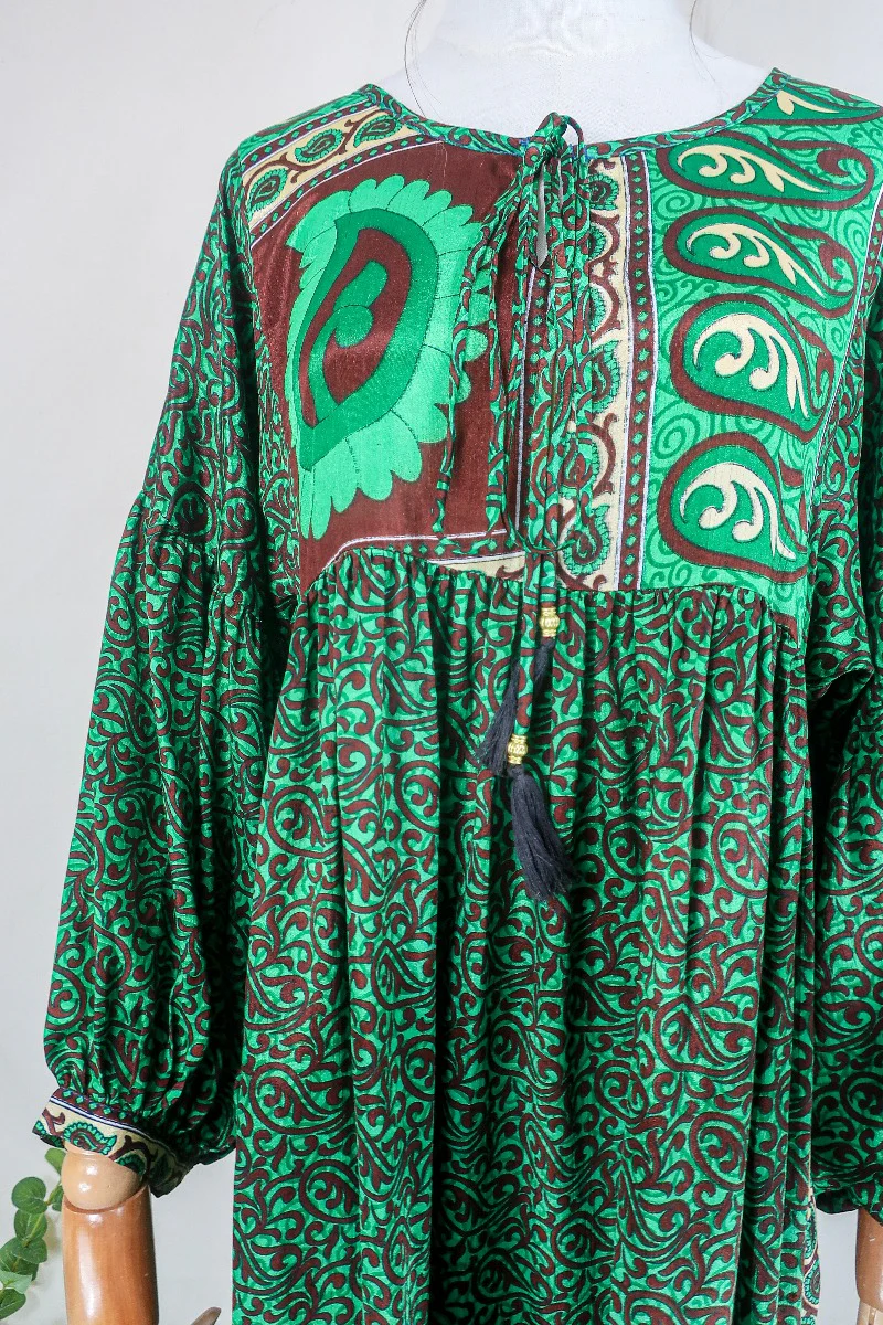 Poppy Smock Dress - Vintage Sari - Emerald Green & Chestnut Brown Paisley - XS - Image 2