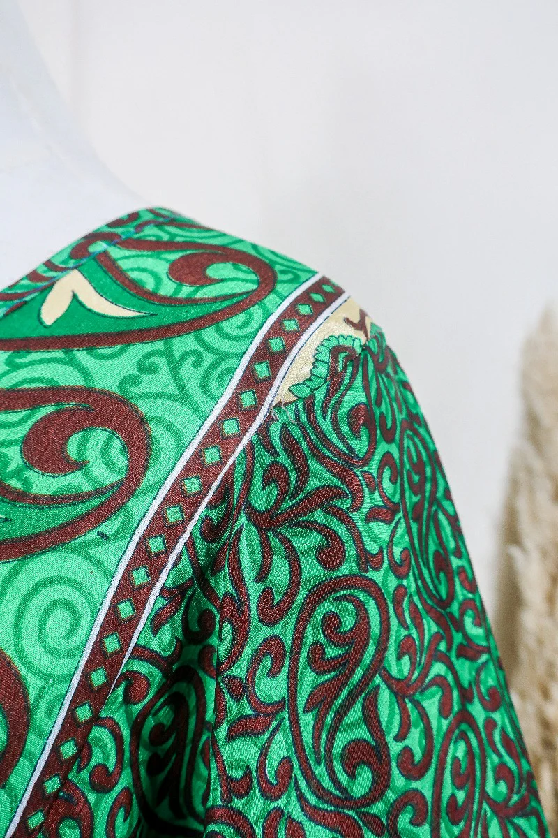 Poppy Smock Dress - Vintage Sari - Emerald Green & Chestnut Brown Paisley - XS - Image 3