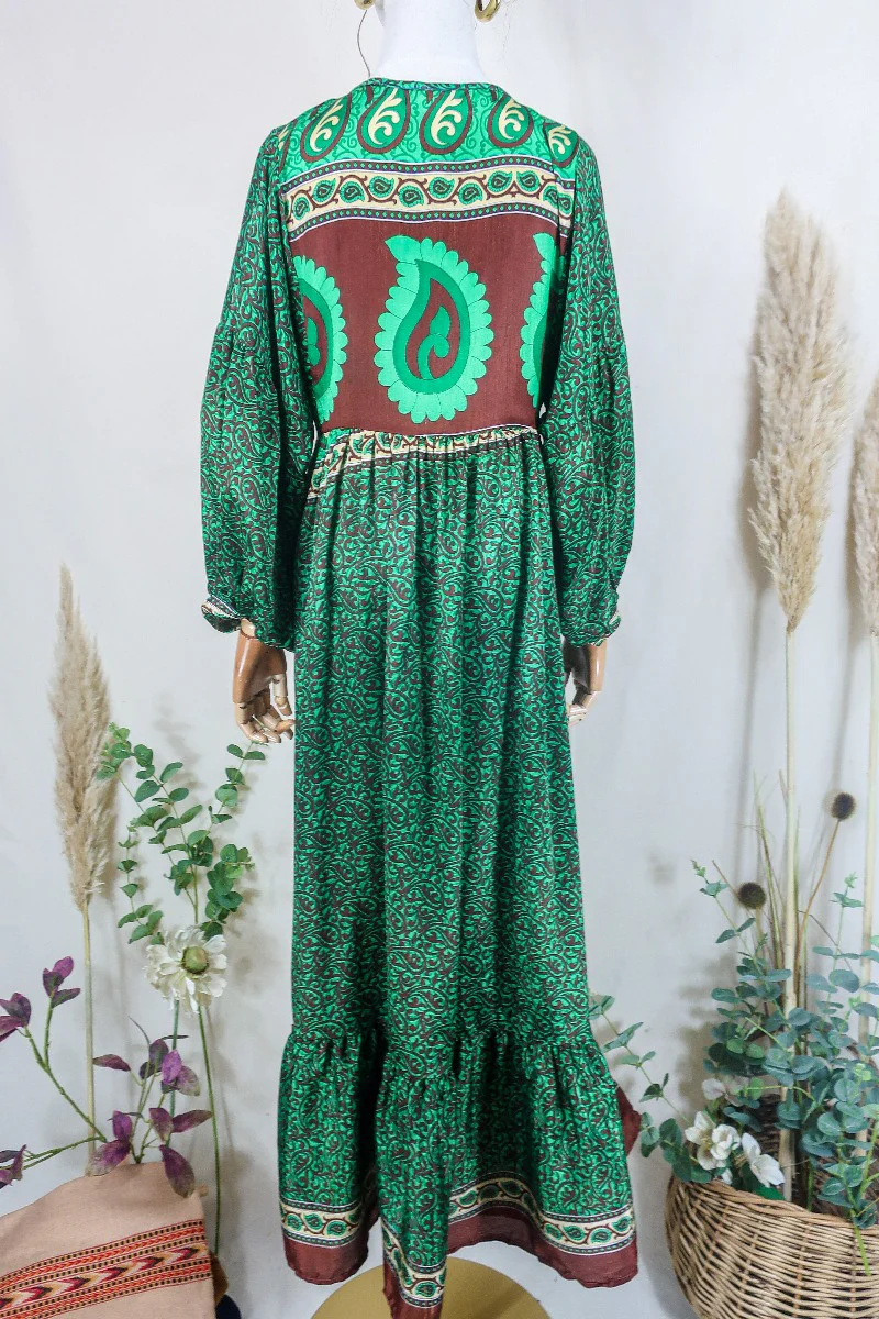 Poppy Smock Dress - Vintage Sari - Emerald Green & Chestnut Brown Paisley - XS - Image 4