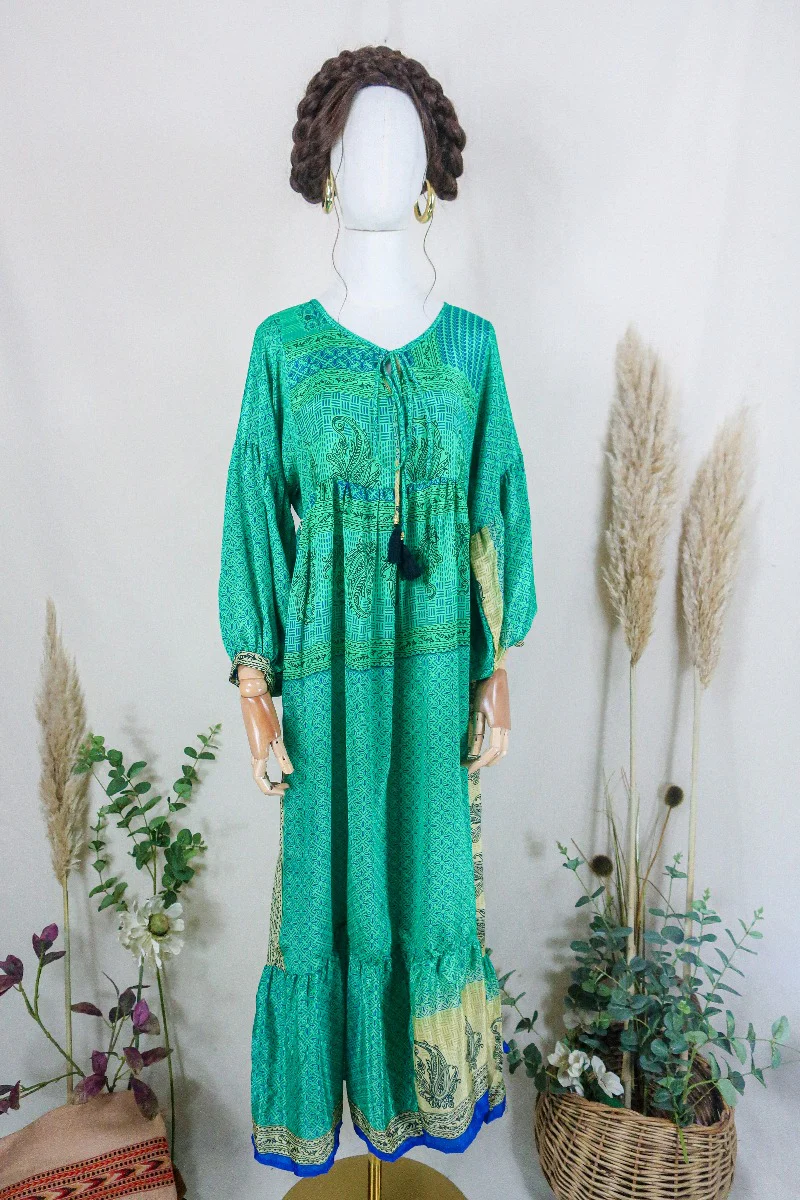 Poppy Smock Dress - Vintage Sari - Emerald Green Paisley Tile - XS