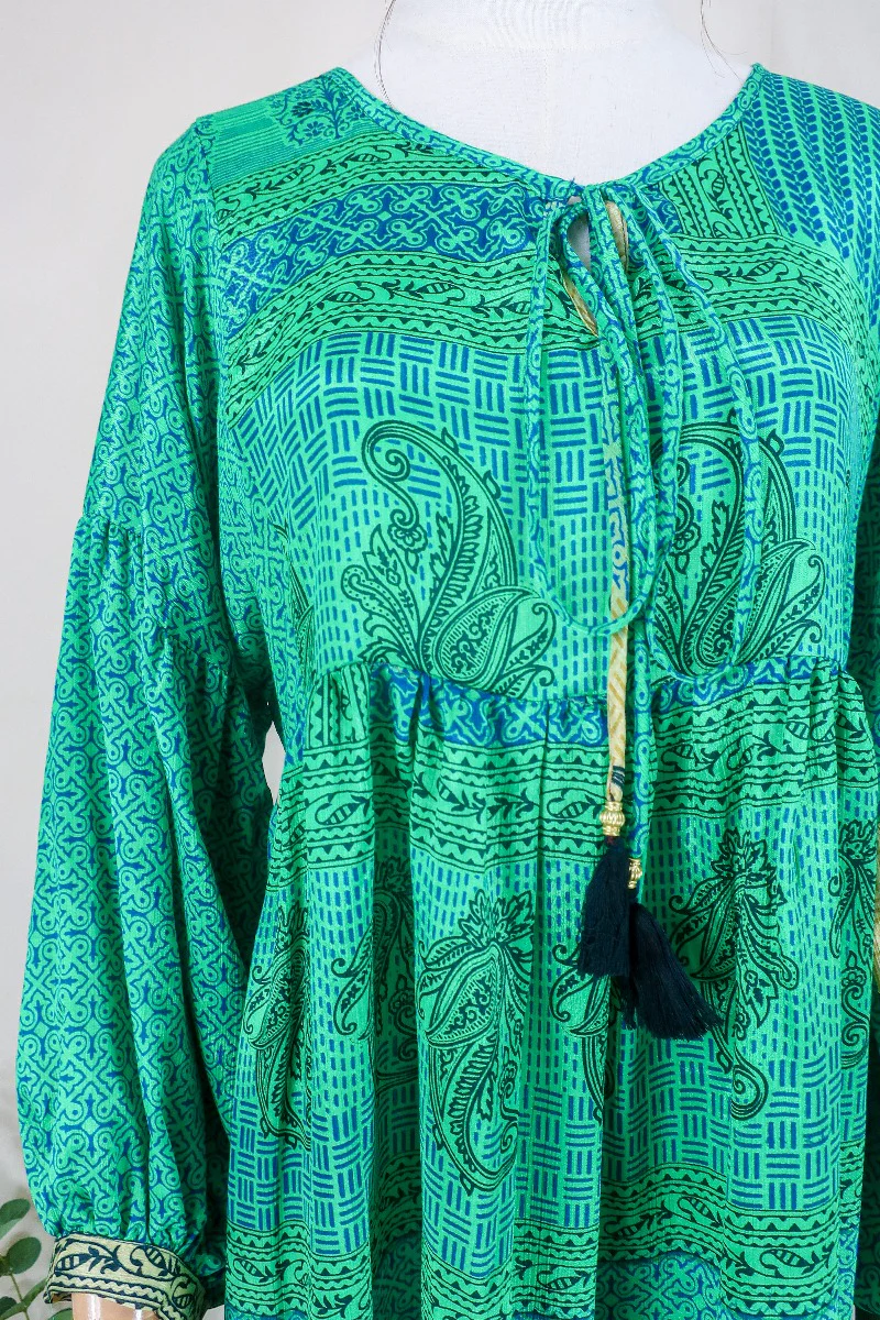 Poppy Smock Dress - Vintage Sari - Emerald Green Paisley Tile - XS - Image 2