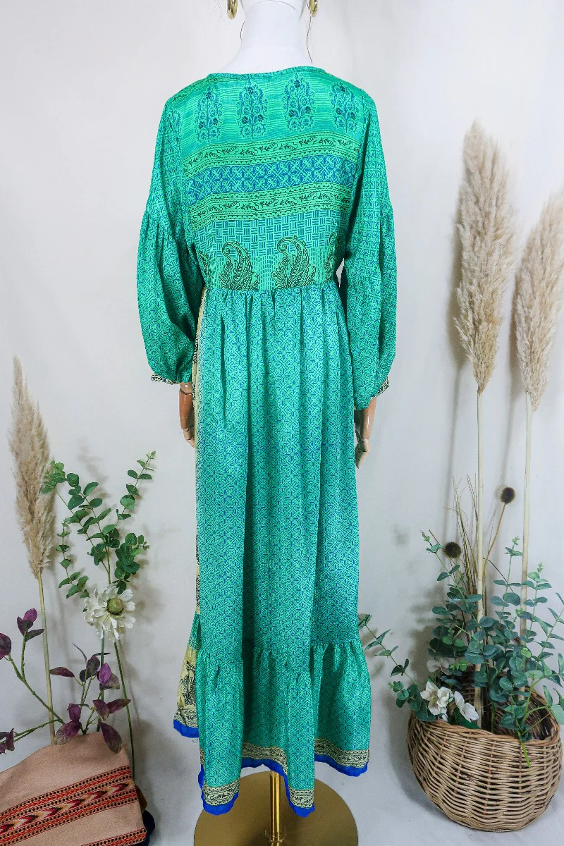 Poppy Smock Dress - Vintage Sari - Emerald Green Paisley Tile - XS - Image 3