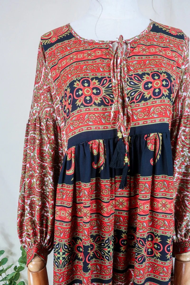 Poppy Smock Dress - Vintage Sari - Chilli Red & Pale Olive Paisley Floral - XS - Image 2