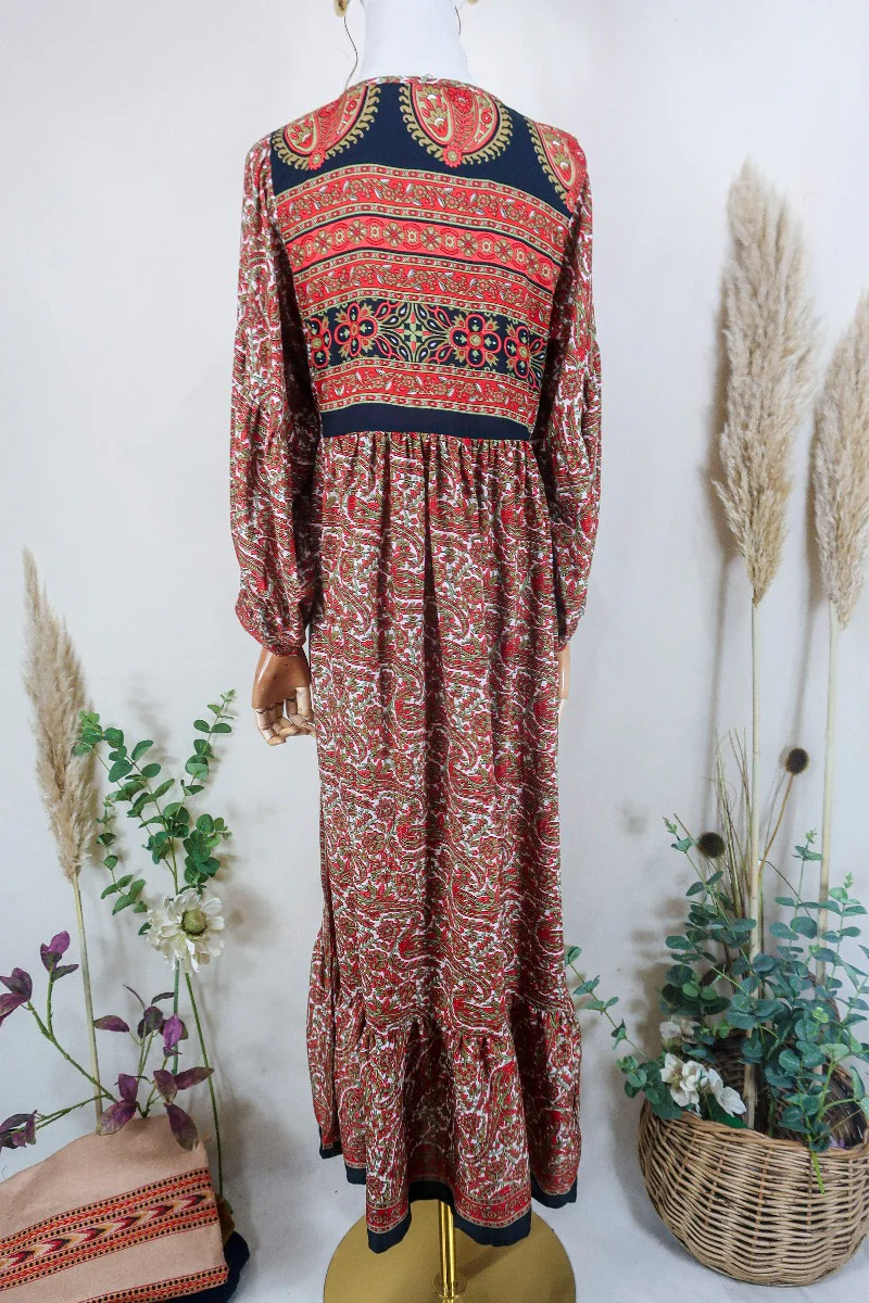 Poppy Smock Dress - Vintage Sari - Chilli Red & Pale Olive Paisley Floral - XS - Image 3