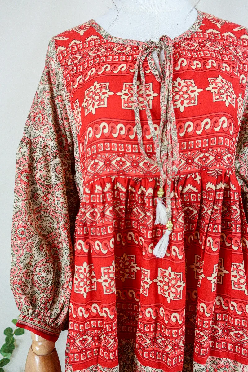 Poppy Smock Dress - Vintage Sari - Strawberry & Sage Green Paisley Floral - XS - Image 2