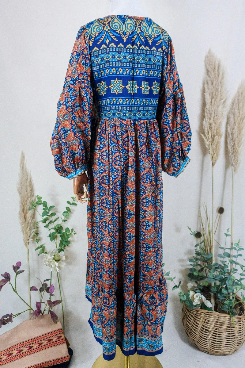 Poppy Smock Dress - Vintage Sari - Sapphire Blue & Crimson Paisley - XS - Image 3