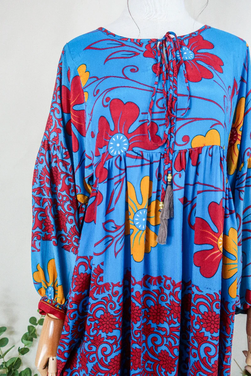 Poppy Smock Dress - Vintage Sari - Cyan Blue & Fiery Red Floral - XS - Image 2