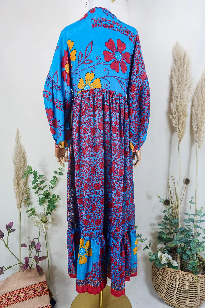 Poppy Smock Dress - Vintage Sari - Cyan Blue & Fiery Red Floral - XS - Image 3