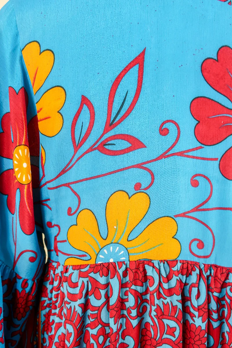 Poppy Smock Dress - Vintage Sari - Cyan Blue & Fiery Red Floral - XS - Image 4