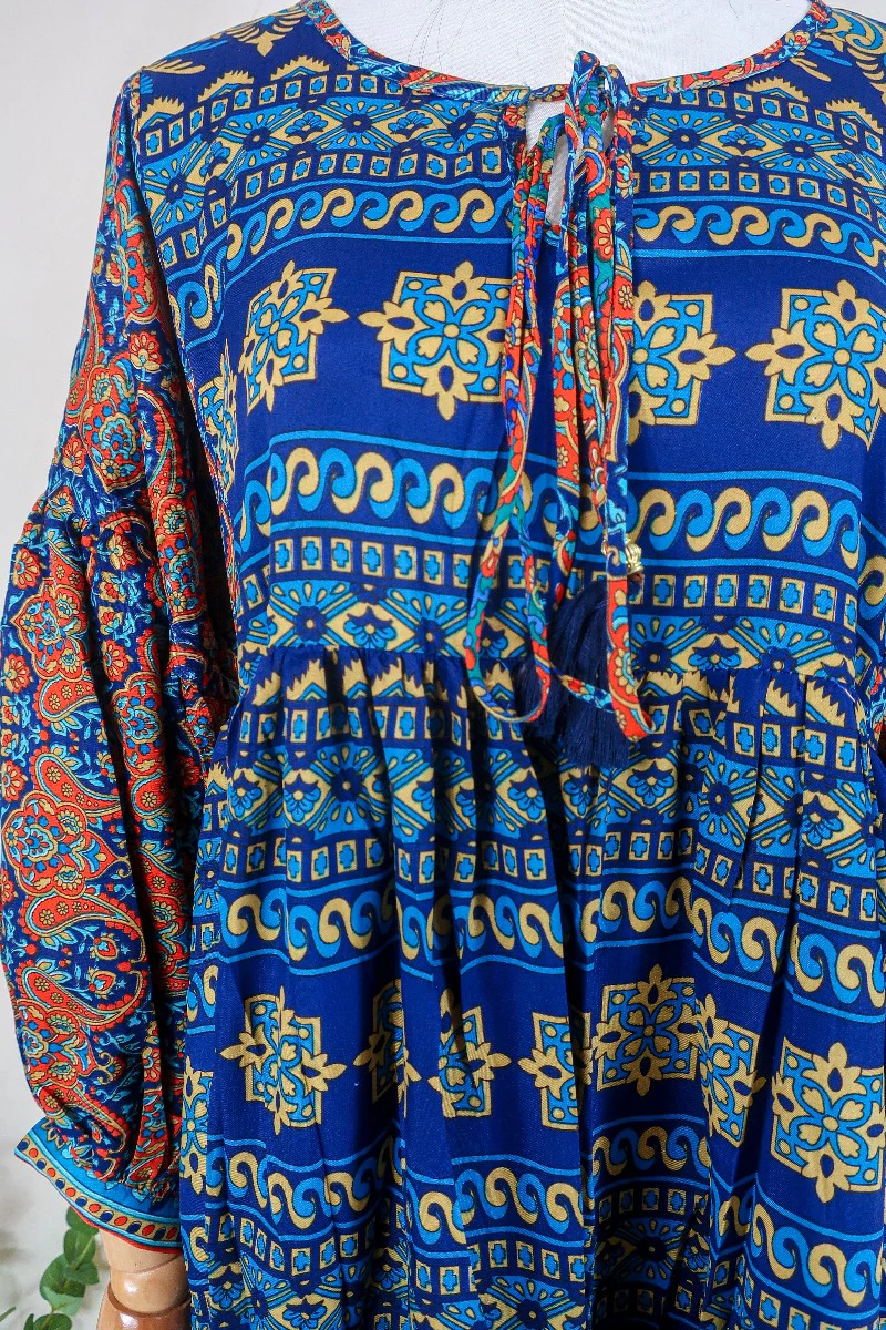Poppy Smock Dress - Vintage Sari - Burnt Orange & Galaxy Blue - S/M - Image 2