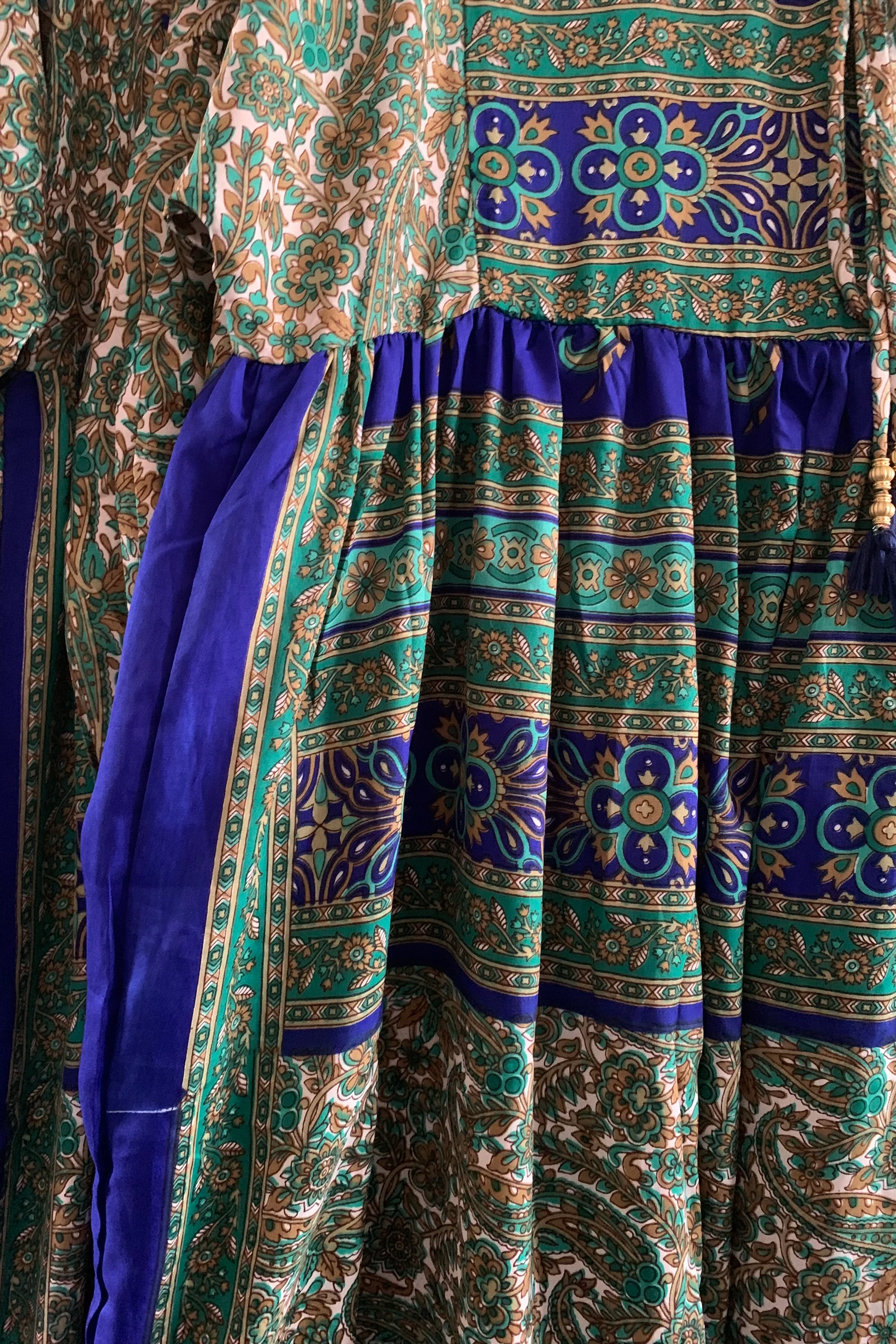 Poppy Smock Dress - Vintage Sari - Juniper & Azure Blue Jacquard - Image 4