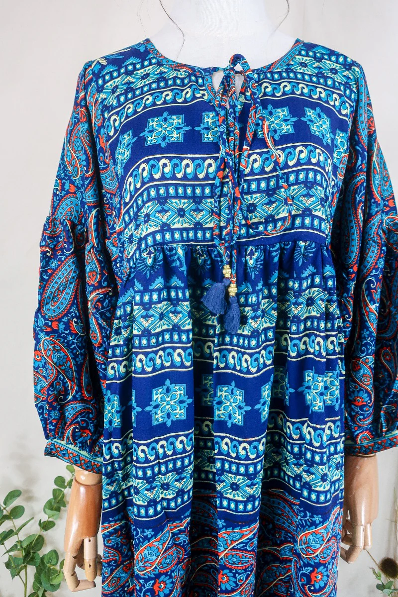 Poppy Smock Dress - Vintage Sari - Midnight Blue & Fiery Mosaic - S/M - Image 2