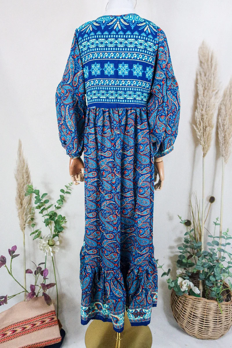 Poppy Smock Dress - Vintage Sari - Midnight Blue & Fiery Mosaic - S/M - Image 3
