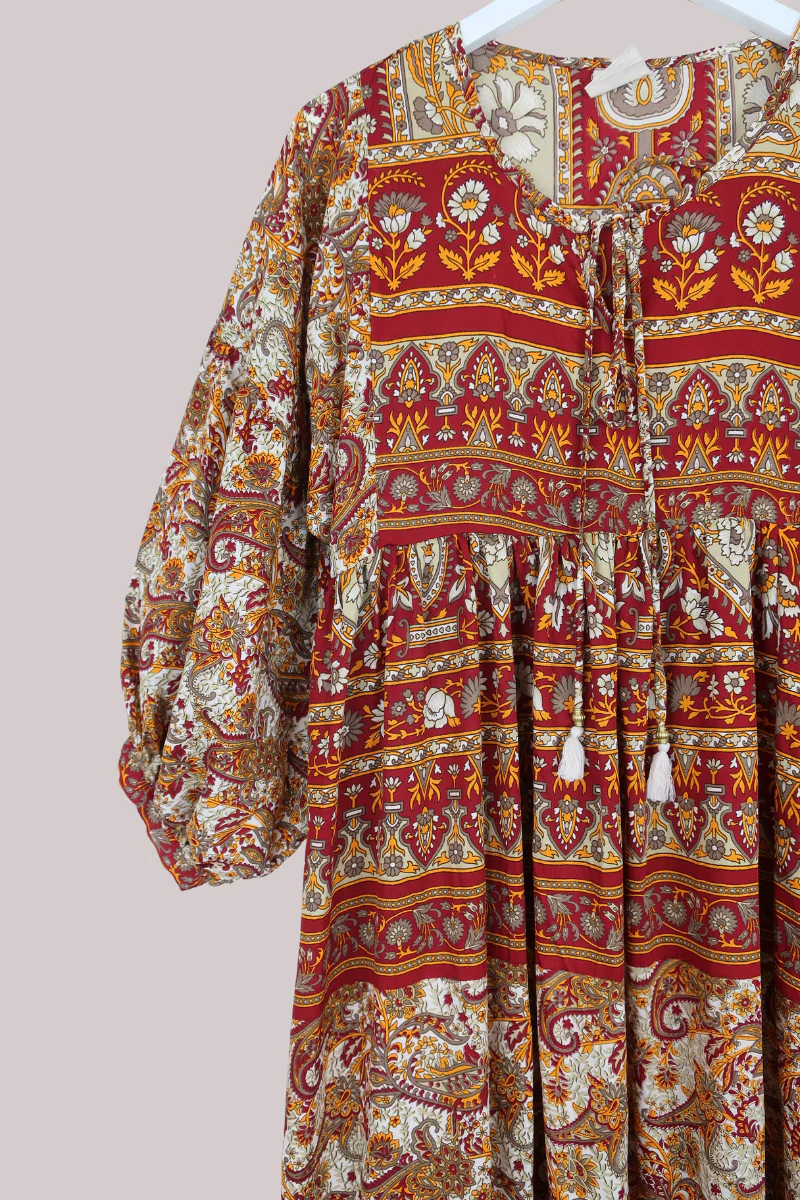 Poppy Vintage Sari Smock Dress in Abundant Garnet Red Garden- Size XS - Image 2