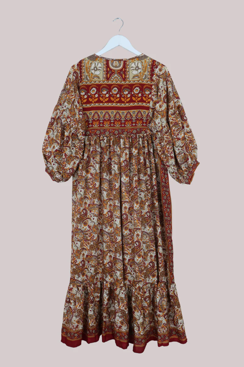 Poppy Vintage Sari Smock Dress in Abundant Garnet Red Garden- Size XS - Image 3