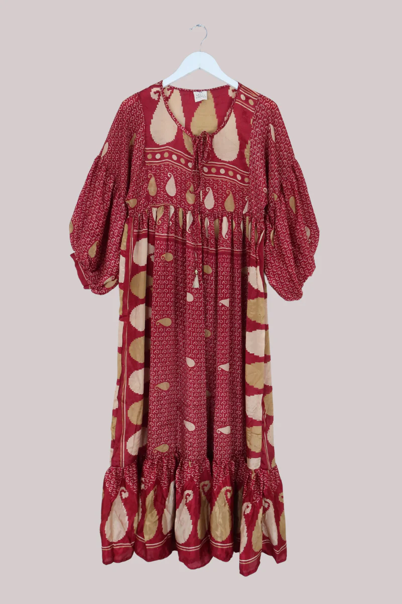 Poppy Vintage Sari Smock Dress in Rust Red Paisley - Size S/M