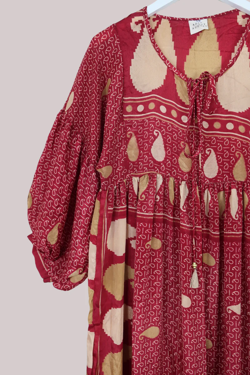 Poppy Vintage Sari Smock Dress in Rust Red Paisley - Size S/M - Image 2