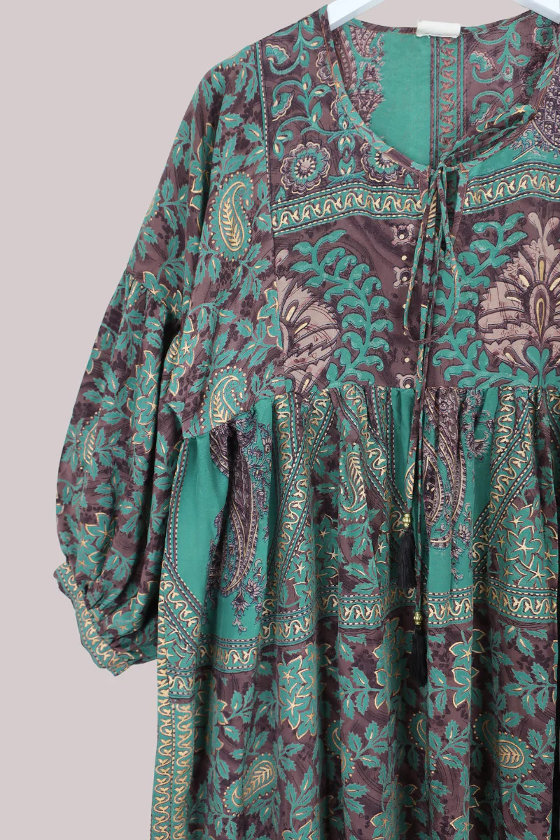 Poppy Vintage Sari Smock Dress in Woodland Brown & Wasabi- Size M/L - Image 2