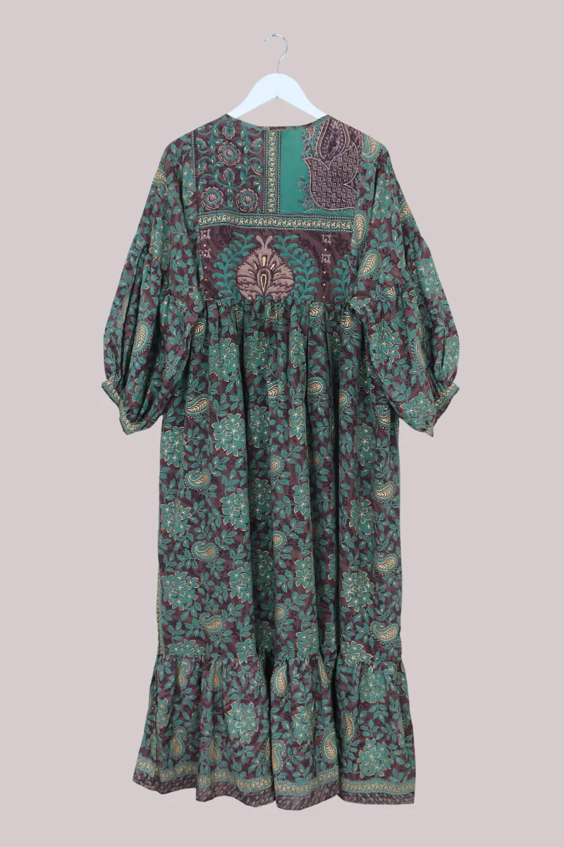Poppy Vintage Sari Smock Dress in Woodland Brown & Wasabi- Size M/L - Image 3