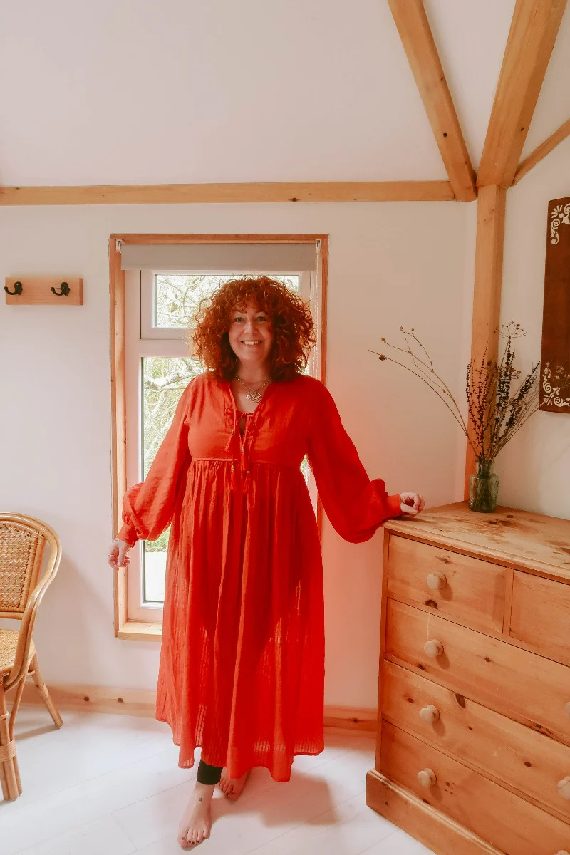 Khroma Primrose Dress in Autumn Red Indian Cotton - Image 7