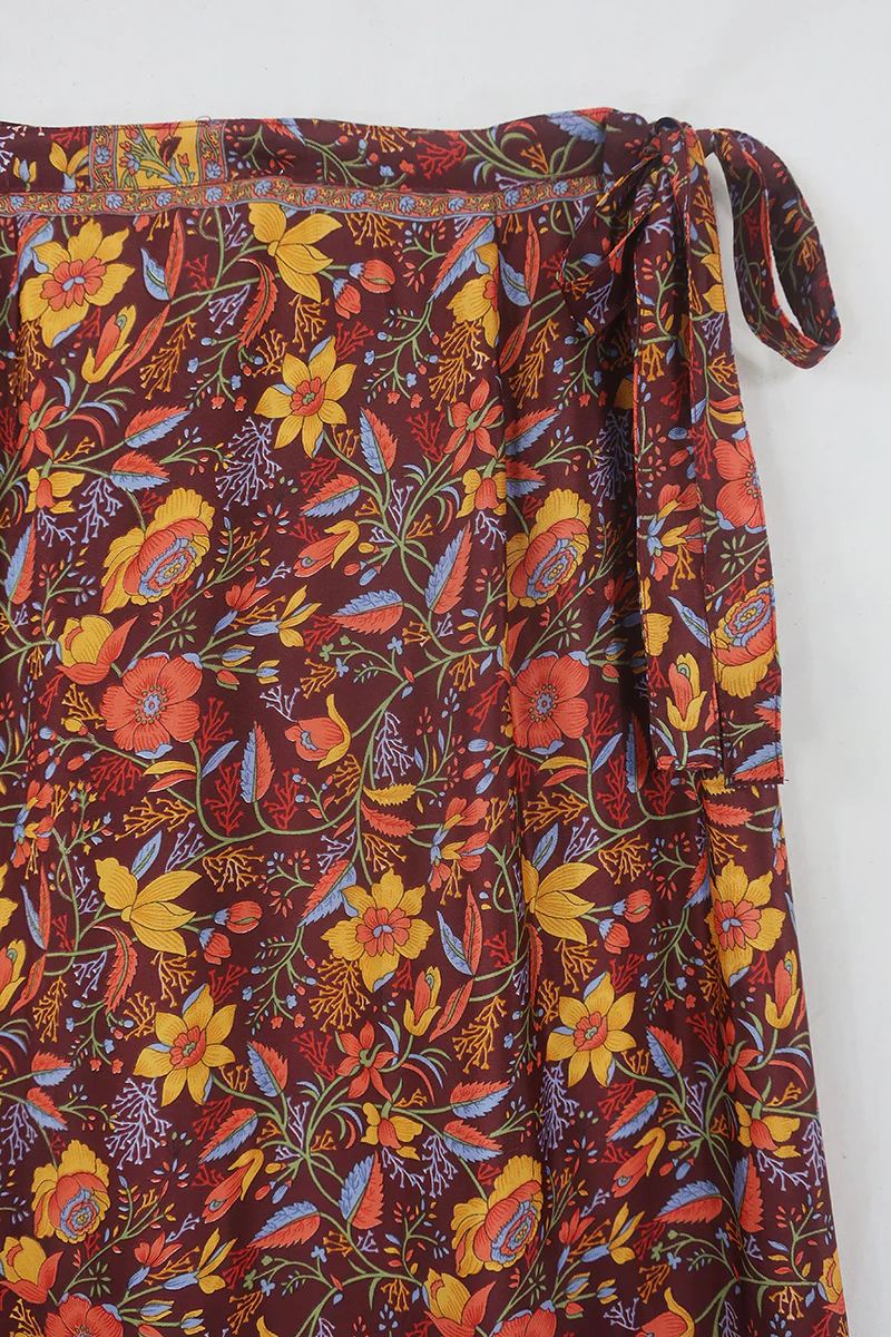 River Folklore Floral Wrap Skirt in Mahogany Brown - Image 4
