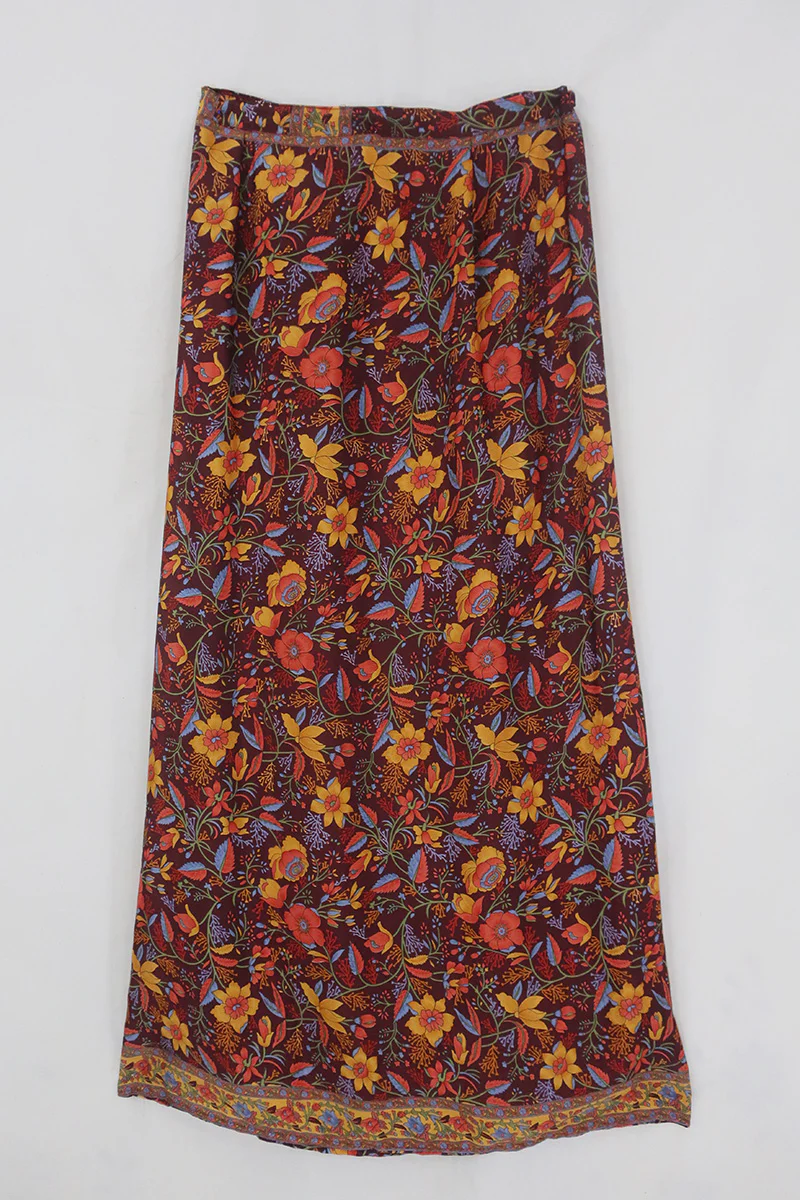 River Folklore Floral Wrap Skirt in Mahogany Brown - Image 5