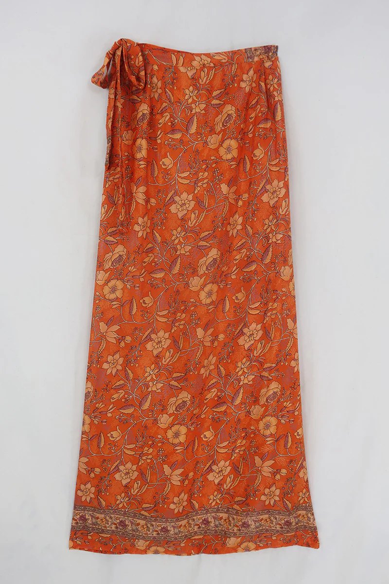 River Folklore Floral Wrap Skirt in Maple Orange - Image 4