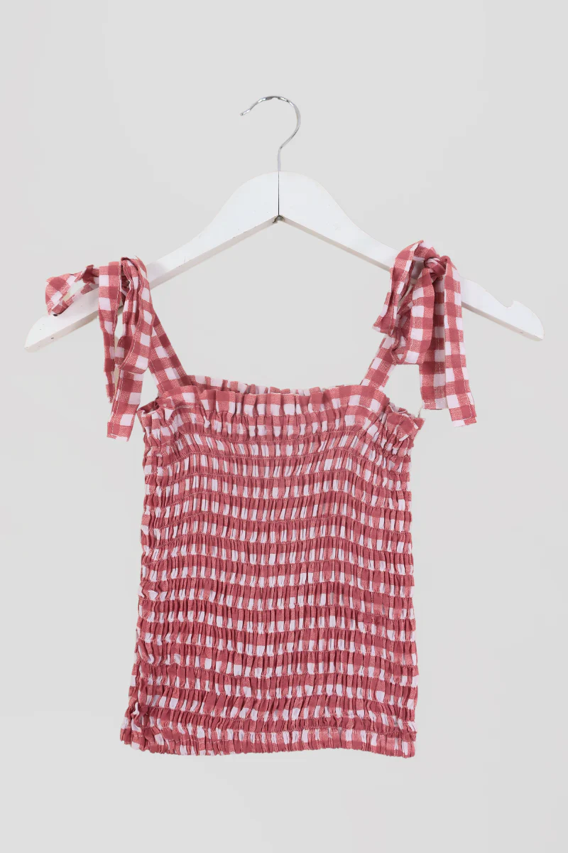 Rosa Ribbon Top in Strawberry Pink Gingham - Image 2