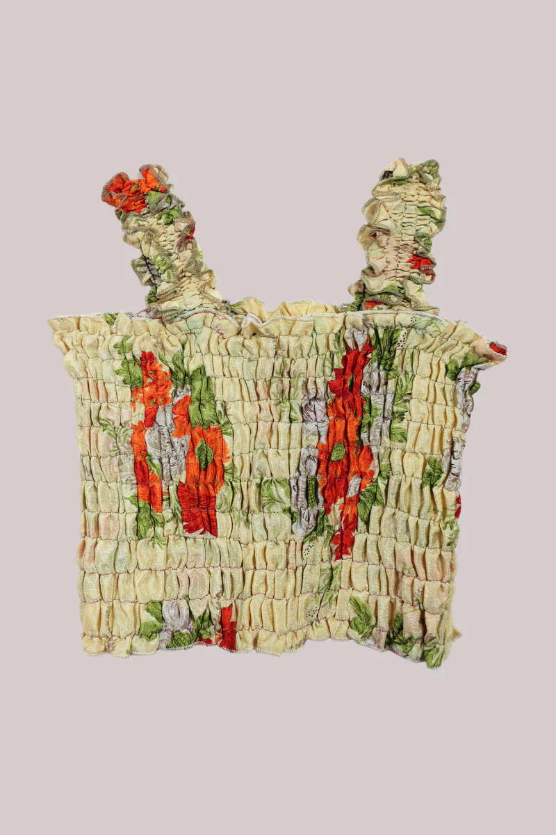 Rosa Vintage Sari Ruched Top - Vanilla & Orange Floral - Free Size