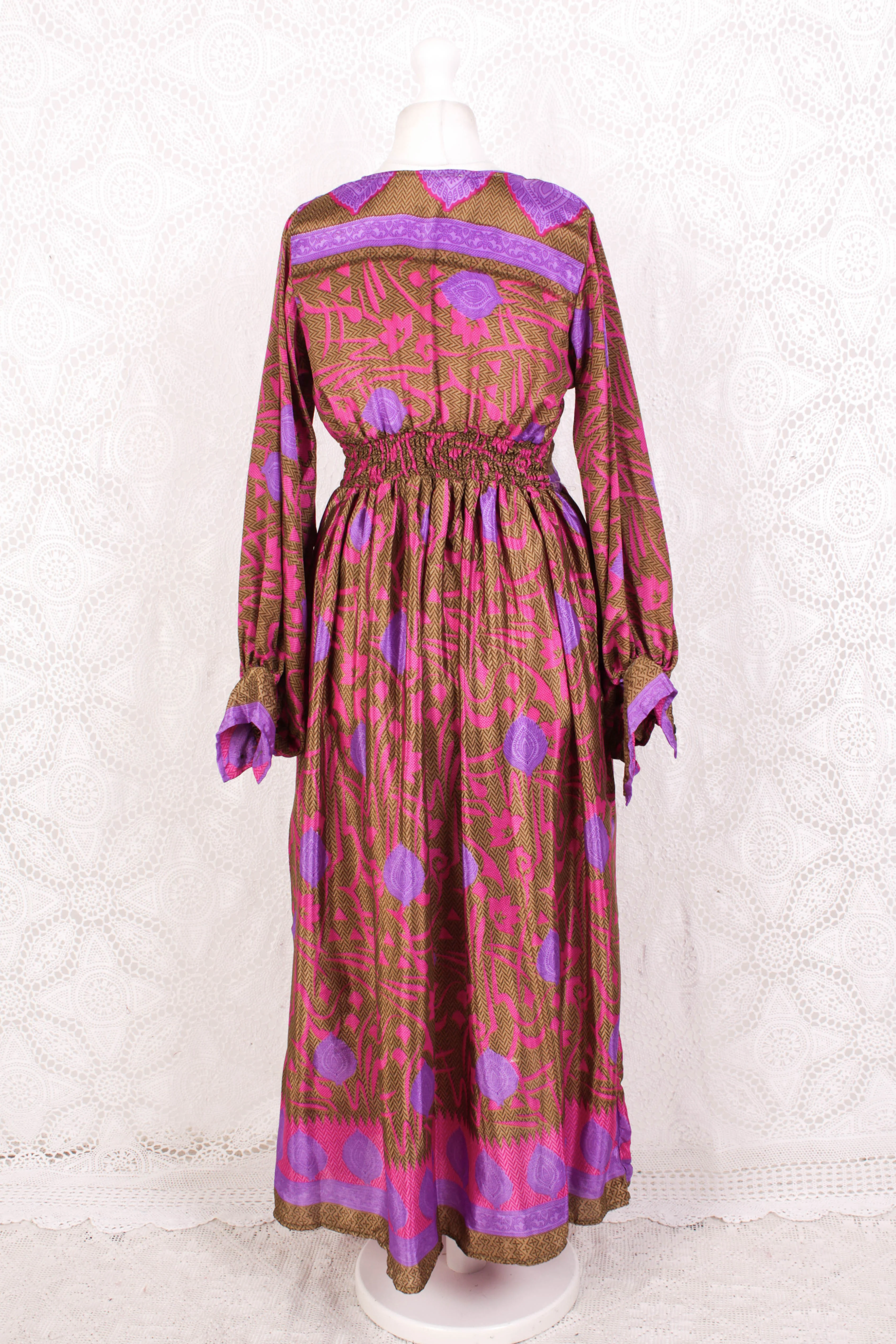 Rosemary Maxi Dress - Vintage Indian Sari - Bronze, Pink & Purple - S/M - Image 4