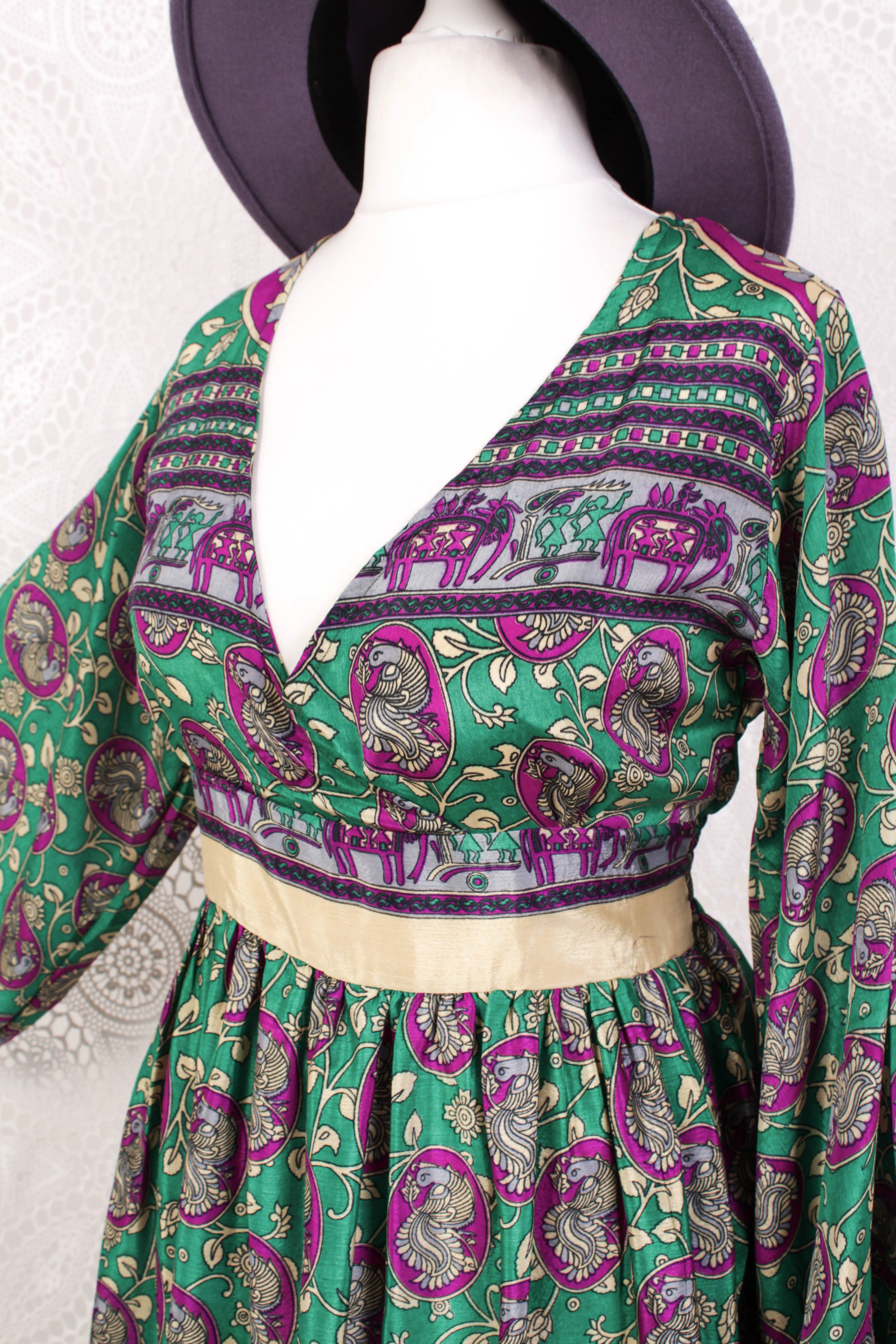 Rosemary Maxi Dress - Vintage Indian Sari - Emerald & Magenta Peacock Illustrations - XS/S - Image 3