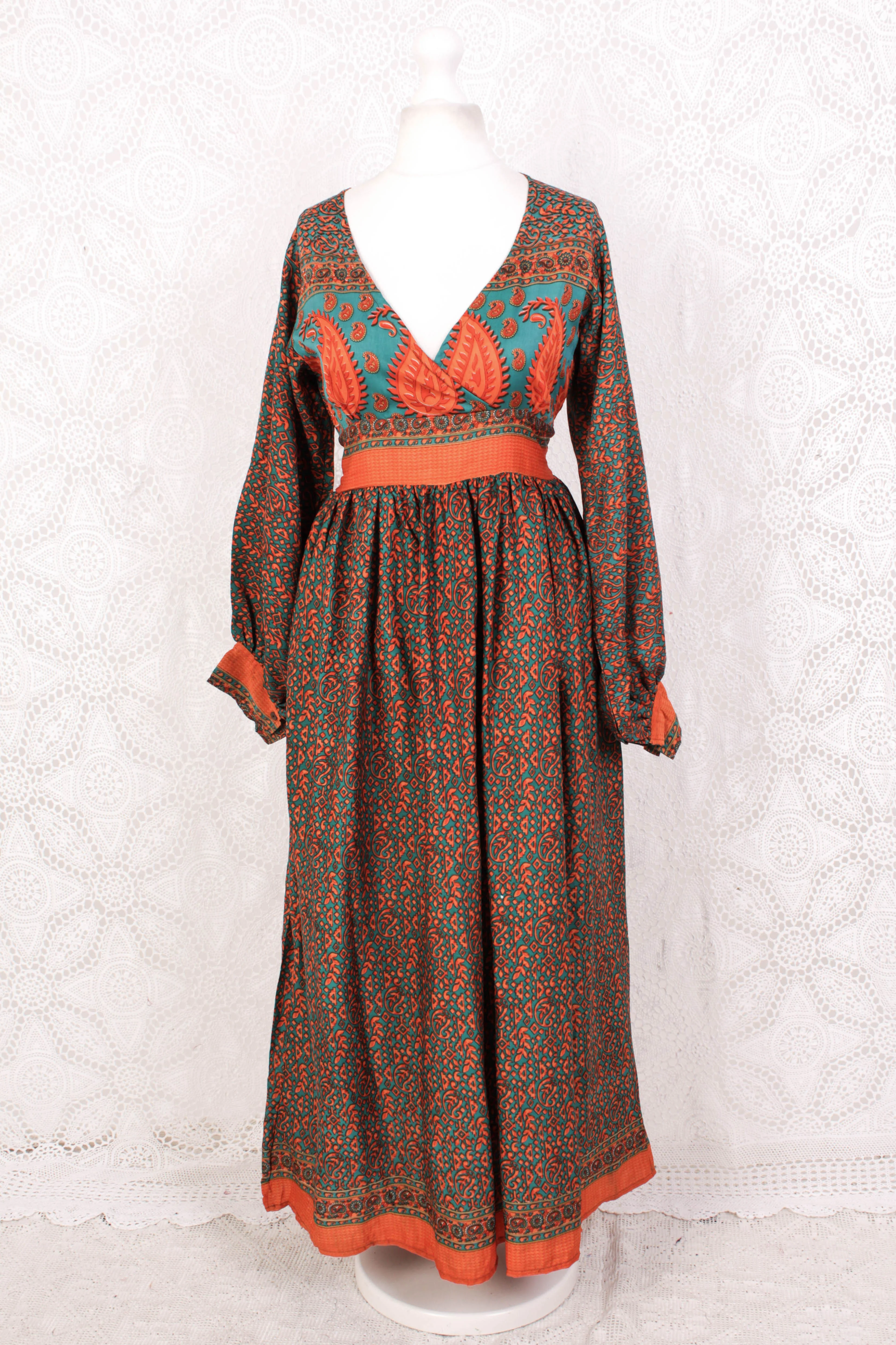 Rosemary Maxi Dress - Vintage Indian Sari - Jade & Cantaloupe Floral Paisley - XS/S - Image 2