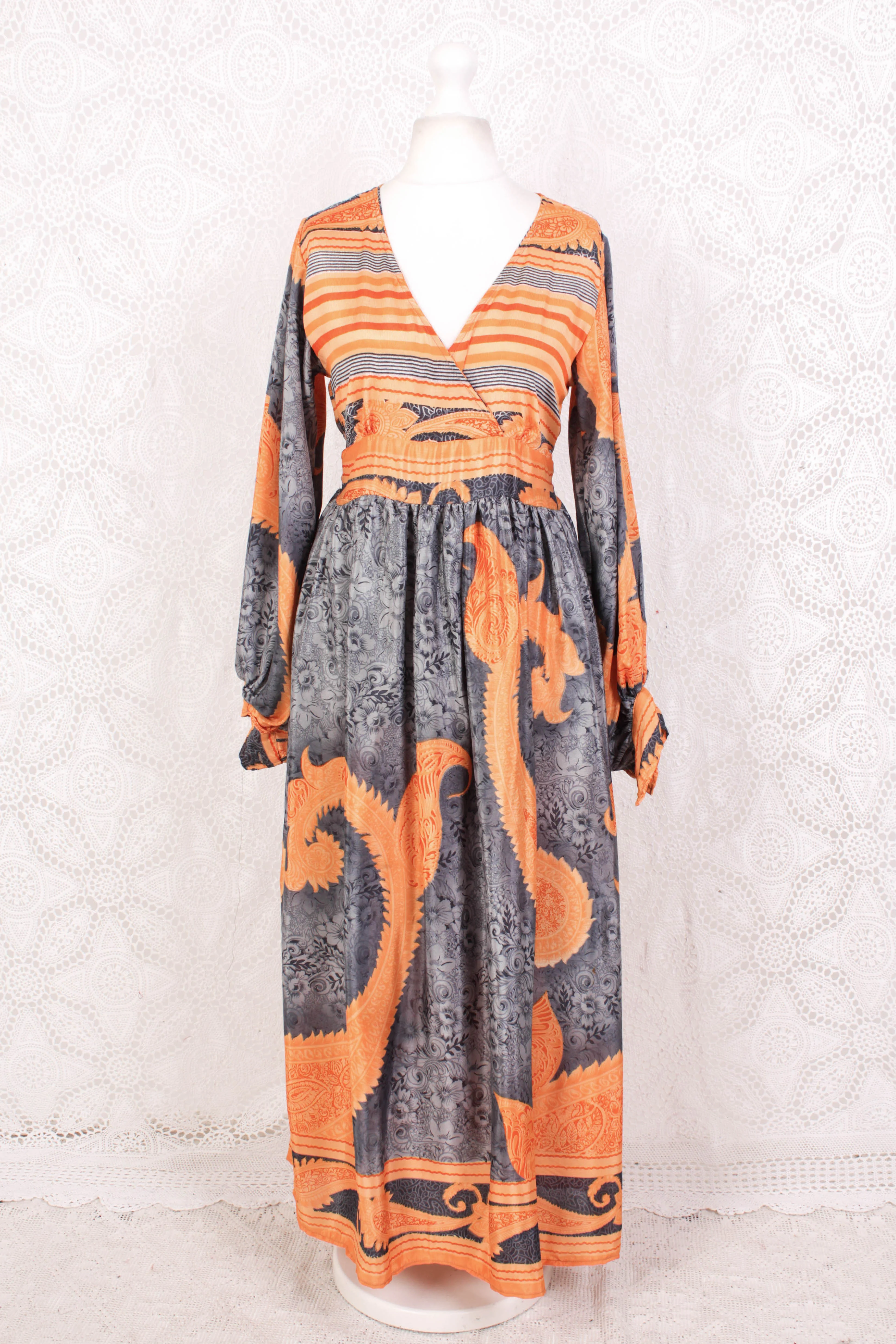 Rosemary Maxi Dress - Vintage Indian Sari - Dark Silver & Orange Florals - S/M - Image 2