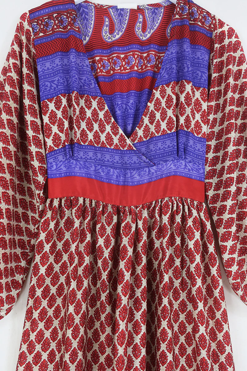 Rosemary Maxi Dress - Vintage Indian Sari - Ecru & Ruby Rosebud Motif - Size XS/S - Image 2