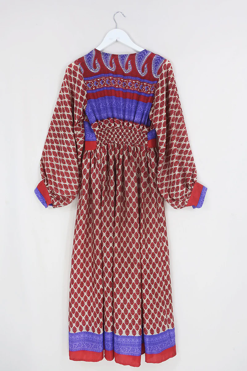Rosemary Maxi Dress - Vintage Indian Sari - Ecru & Ruby Rosebud Motif - Size XS/S - Image 3