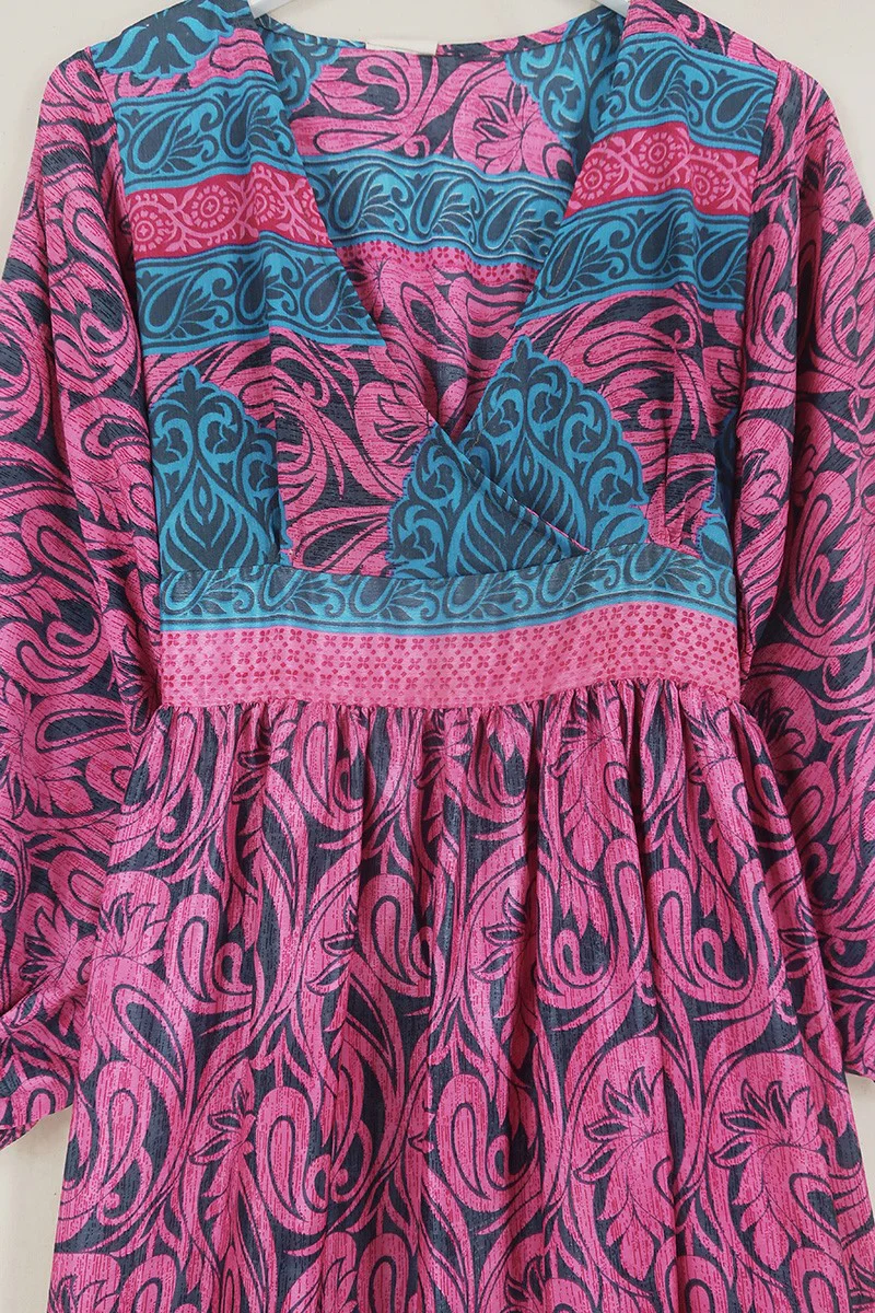 Rosemary Maxi Dress - Vintage Indian Sari - Flamingo Pink & Grey Marble - Size XS/S - Image 2
