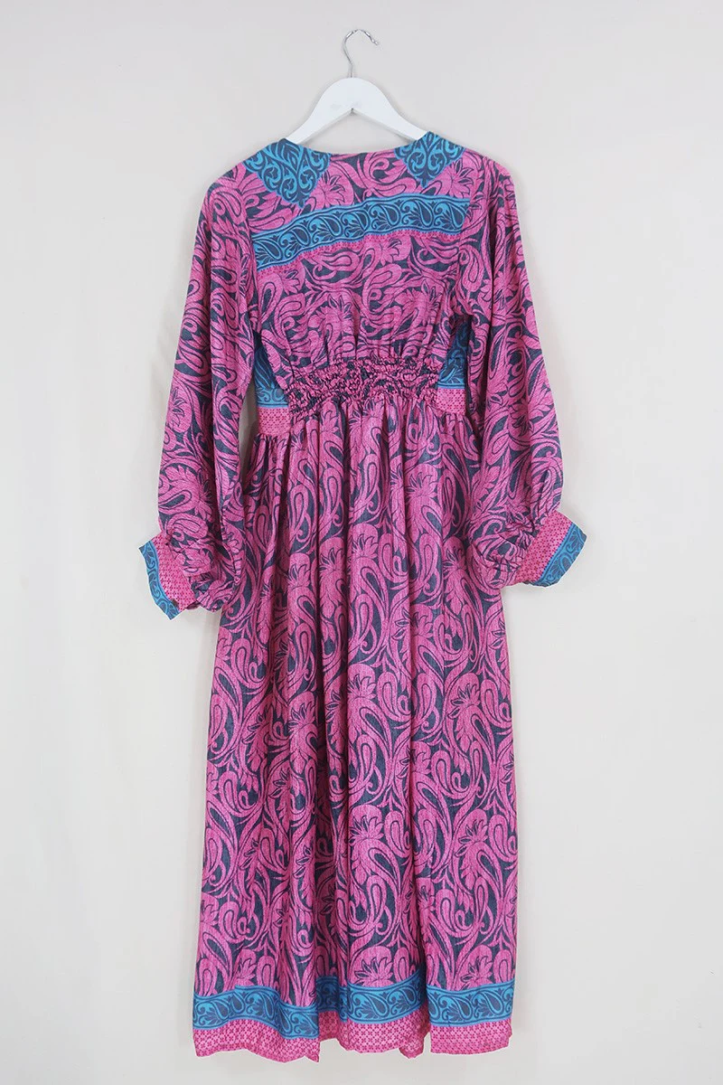 Rosemary Maxi Dress - Vintage Indian Sari - Flamingo Pink & Grey Marble - Size XS/S - Image 3