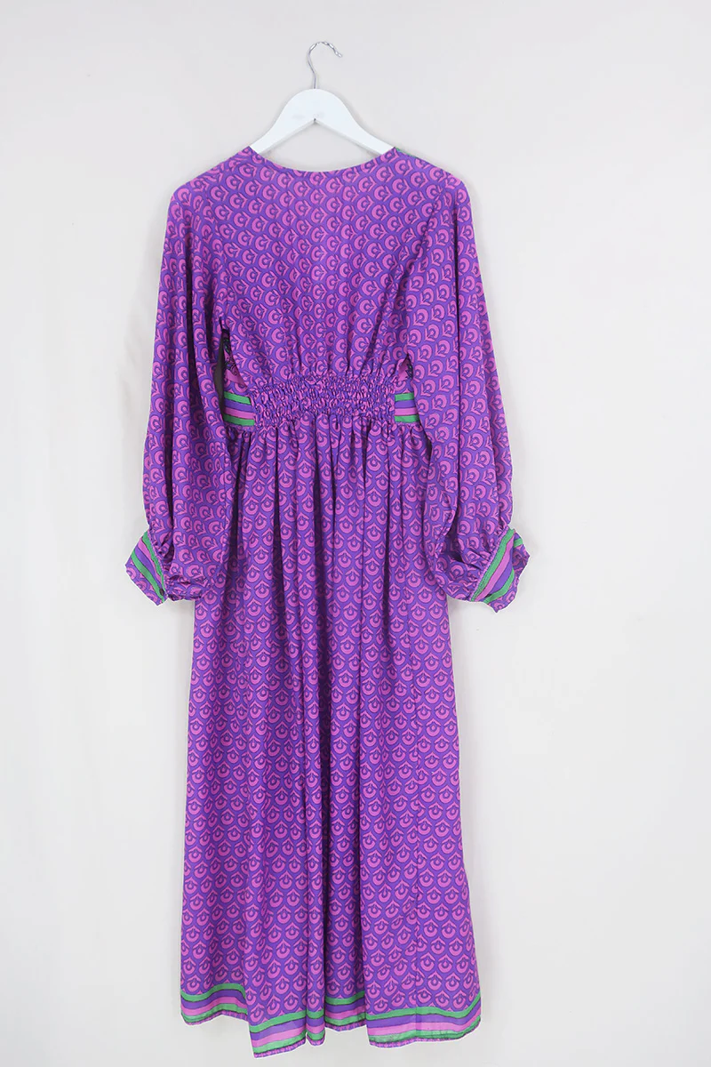 Rosemary Maxi Dress - Vintage Indian Sari - Fuchsia & Sapphire Flower Motif - Size XS/S - Image 3