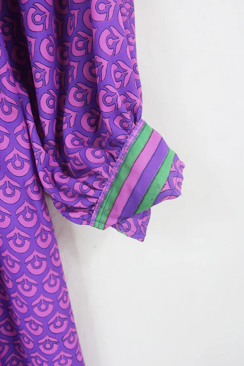 Rosemary Maxi Dress - Vintage Indian Sari - Fuchsia & Sapphire Flower Motif - Size XS/S - Image 4