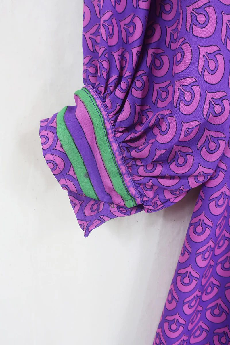 Rosemary Maxi Dress - Vintage Indian Sari - Fuchsia & Sapphire Flower Motif - Size XS/S - Image 5