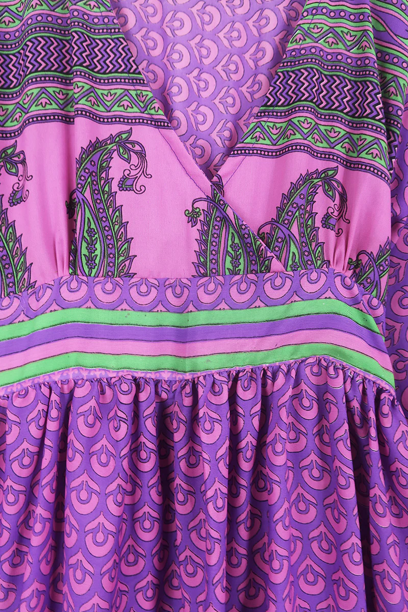 Rosemary Maxi Dress - Vintage Indian Sari - Fuchsia & Sapphire Flower Motif - Size XS/S - Image 6