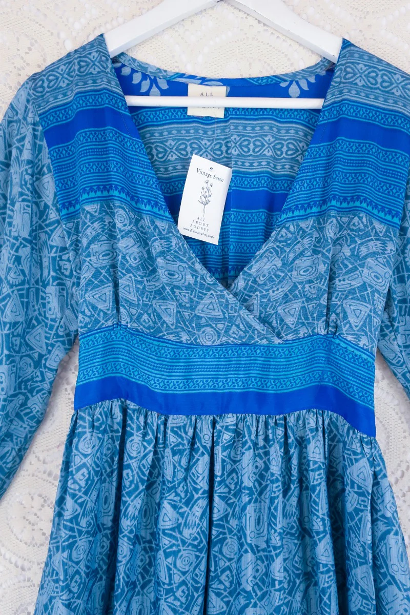Rosemary Maxi Dress -Vintage Indian Sari - Ocean Blue Abstract Print - Size XXS - Image 3