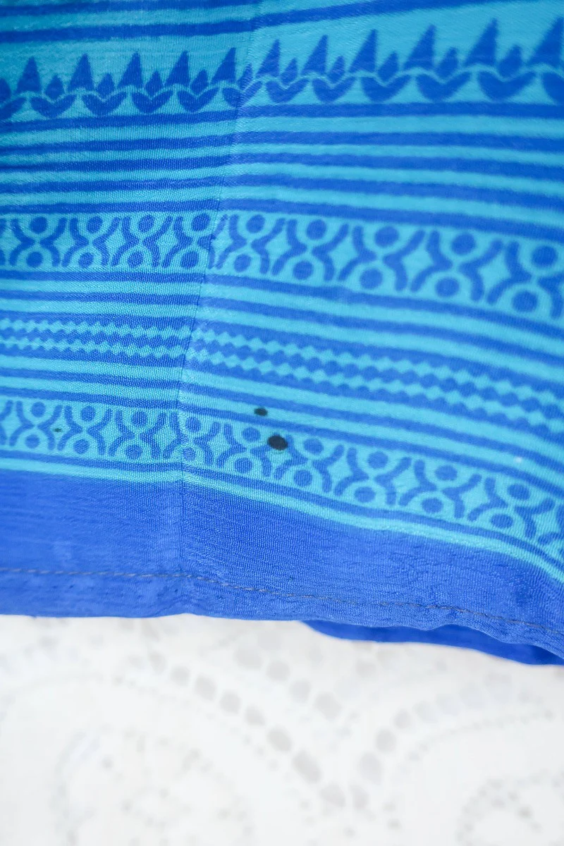 Rosemary Maxi Dress -Vintage Indian Sari - Ocean Blue Abstract Print - Size XXS - Image 5